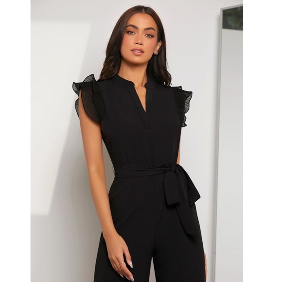 Black Elegant Belted Jumpsuit V-Neck Cap Short Sleeve - Picture 3 of 9